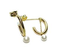 Halbcreolen aus 18 Karat Gelbgold mit einer 5,00 mm großen Zuchtperle, die durch den Ohrring mit Kette aus 18 Karat Gold hängt.