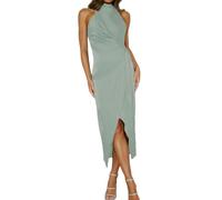 Halfisland Damen Sommer Satin High Neck Ärmellos Wickelkleid Elegant Stehkragen Krawatte Taille Cocktail Formelle Kleider, Salbei, Mittel