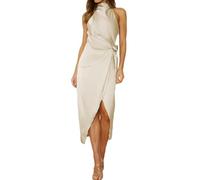 Halfisland Damen Sommer Satin High Neck Ärmellos Wickelkleid Elegant Stehkragen Krawatte Taille Cocktail Formelle Kleider, Champagner, Groß