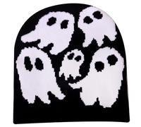 Halloween Deko Y2K Beanie Ghost Muster Acrylfasern Stricker Halloween Hut, Grunge Unisex Emo Beanie, lässiger Schädel Häkel Winter warmes Accessoires für Teenagergeschenk, Schwarz