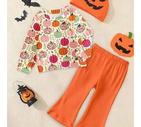 Halloween Kleidung Herbst/Winter Kleinkind Mädchen Mode kreatives Cartoon buntes Blumen Kürbis Muster Basic Rundhals Sweatshirt und ausgestellte Hose