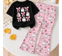 Halloween Kleidung Mädchen Kleinkind süß frisch Cartoon 9-Raster Geister Schleife Muster Basic Kurzarm T-Shirt und ausgestellte Hose Set
