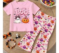 Halloween-Kleidung süßes frisches Cartoon-Geister-Kürbis-Schleifen-Muster Basic Kurzarm-T-Shirt und ausgestellte Hose Set für Mädchen