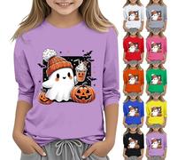 Halloween Muster Langarmshirt Mädchen Jungen Langarm Rundhals Sweatshirt Halloween-Muster Pullover Tops Oberteil Lässige Baumwolle Bluse Weiche Bequeme Unterhemd Preppy-Stil (Purple-A, 12-13 Years)