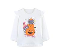 Halloween Oberteil Mädchen Langarm T-Shirt Niedlich Cartoon-Kürbis Katze Druck Langarmshirt Kinder Modischer Strickpullover mit fliegenden Ärmeln Tunika Bluse 3-9 Jahre (White, 3-4 Years)