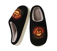 Halloween Plüsch Filzpantoffeln, Flache Unterseite Hausschuhe Damen Winter | Geschlossen Gefüttert Flauschige Warme Kürbis Slippers Pantoffeln Hüttenschuhe Plüschhausschuh