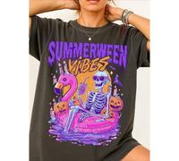 Halloween T-shirt - Unisex Summerween Vibes Shirt, Funny Skeleton Float Halloween In Summer Shirt, Spooky Flamingo Pool Ghost Pumpkins Creepy Shirt