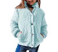 Haloumoning Jacke Mädchen Langarm Sherpa Teddy Fleece Mantel Kinder Warme Jacke mit Taschen Knöpfe,Blau,7-8Jahre