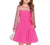 Haloumoning Kleider Mädchen Festliches Prinzessin Kleid Kinder Kontrast Mesh Langarm Puff Sommerkleider Elegant A-Linie Rundhals Partykleid mit Taschen, Rosa Rot, 7-8 Jahre