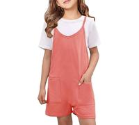 Haloumoning Mädchen Jumpsuit Kinder Ärmelloses Overall Sommer Lässig Kurze Latzhose Loose Fit Baumwolle Shorts mit Spaghetti Strap und Taschen Rosa 160