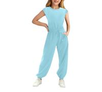 Haloumoning Mädchen Jumpsuits Kinder Mode Lange Hosen Mädchen Sommer Kurzarm Overall Casual Sport Jumpsuit, Blau, 8-10 Jahre