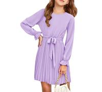 Haloumoning Mädchen Kleid Elegant Langarm Kleider Kids A-Linie Faltenrock Rundhals Fließender Midi Kleid, Violett, 5-6 Jahre