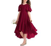 Haloumoning Mädchen Sommerkleid V-Ausschnitt Rüschenkleider Casual A Line Kleid Flowy Hoch Niedrig Lang Partykleid Elegant Langes Abendkleid Rot 120