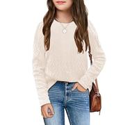 Haloumoning Mädchen Strickpullover Rundhals Gestrickt Pullover Kinder Langarm Jumper Einfarbig Herbst Winter Oberteile Knitted Sweater Beige 130