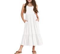 Haloumoning Mädchenkleider Sommer Ärmelloses Kleid Rundhals Tanktop Kleid Kinder Langes Freizeitkleid Sundress, Weiß, 12-14 Jahre