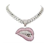 FUSHENGTER Halskette Damen Ketten Anhänger Frauen Männer Frauen Hip Hop Biss Lippe Form Anhänger Halskette Kristall Iced Out Bling Hiphop Halsketten Mode Silber