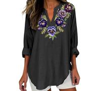 Halskette Damen Kurz Modisches Damenoberteil mit V-Ausschnitt und Langen Ärmeln in Lila mit Blumenmuster Leggings Totenkopf (Black, XXL)