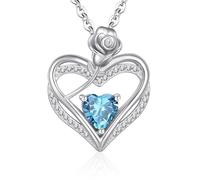 Halskette Damen Silber 925 Anhänger, Frauen Herzkette Rose Blume Geburtsstein Schmuck Silberkette, Geschenke Geburtstagsgeschenk Valentinstag Weihnachtsgeschenke für Freundin Mama Ketten Himmelblau