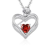Halskette Damen Silber 925 Anhänger, Frauen Herzkette Rose Blume Geburtsstein Schmuck Silberkette, Geschenke Geburtstagsgeschenk Valentinstag Weihnachtsgeschenke für Freundin Mama Ketten Rot