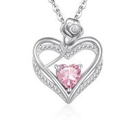 Halskette Damen Silber 925 Anhänger, Frauen Herzkette Rose Blume Geburtsstein Schmuck Silberkette, Geschenke Geburtstagsgeschenk Valentinstag Weihnachtsgeschenke für Freundin Mama Ketten Rosa