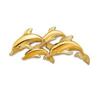 Halskette mit Anhänger für Damen, 14 Karat massives Gelbgold, strukturiert, poliert, 4 Delfine, 15 x 33,5 mm breit