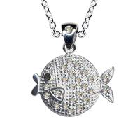 HALSKETTE mit Kugelfisch Anhänger/Echt Silber 925 mit Zirkonia/Jugendstil Collier/Steinfarbe: klar weiss schwarz/modern extravagant/Online Shop Schmuck kaufen / 54089