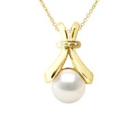 Halskette Schmuck Diamant 0,01 Karat Gelbgold und echte Süßwasser-Zuchtperle Knopf 6-7 mm Einheitsgröße