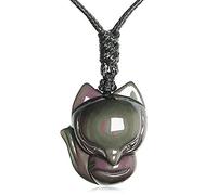 Halsketten-Anhänger, Talisman, Schmuck-Anhänger, Fuchs mit Kette, Halskette, natürlicher Regenbogen-Augen-Obsidian-Stein, Amulett-Choker, Glücks-Halsketten-Anhänger for Damen/Herren (Farbe: Goldfarbe)