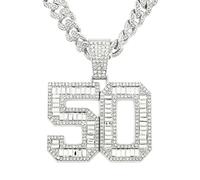 FUSHENGTER Halsketten Herren Hip hop Ketten Anhänger Frauen damenkette Rapper Hip-Hop-Halskette mit Anhänger Nummer 50 für Herren, trendiger Hip-Hop-Halskettenanhänger, silberfarben, 50 cm