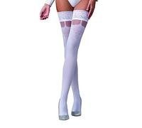 Halterlose blickdichte Damen Dessous Strümpfe weiß mit breiter Spitze und doppeltem Silikonstreifen 60DEN 3/4