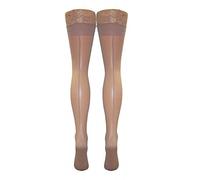 Halterlose Strümpfe aus Spitze mit kontrastierender kubanischer Naht, Einheitsgröße Gr. Einheitsgröße, Hautfarben mit hautfarbenen Nähten und hautfarbener Spitze.