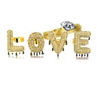 Halukakah 18 Karat Echtgold Vergoldet Initialen LOVE Blasenbuchstaben Ringset für Damen und Herren - Größenverstellbar - Geclusterter Strassstein Buchstabe Wassertropfen - Geschenkidee für Ihre Lieben