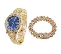 Halukakah Blaues Zifferblatt Diamant Golduhr Iced Out, Männer 18k Echtgold Plattiert Quarz Armband 24cm, mit Kubanische-Kette Armband 20cm, mit Geschenkbox