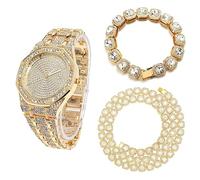 Halukakah Diamant Golduhr für Männer, 18k Echtgold Plattiert Quarz Armband 22cm Achteckiges Zifferblatt,mit Diamant-Cluster Tennis-Ketten Armband 20cm + Halskette 45cm,mit Geschenkbox