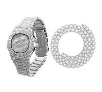 Halukakah Diamant Golduhr für Männer,Platin Weißgold Plattiert Quarz Armband 24cm Ovales Zifferblatt,mit Diamant-Cluster Tennis-Ketten Halskette 45cm,mit Geschenkbox