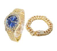 Halukakah Diamant Golduhr, Herren 18K Echt Vergoldet 42MM Breite Blau Wählen Quarz Armband 24cm mit Kubanischer Link Kette 20cm Armband Set, mit Geschenkbox
