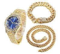 Halukakah Diamant Golduhr, Herren 18K Echt Vergoldet 42MM Breite Blau Wählen Quarz Armband 24cm mit Kubanischer Link Kette 20+45cm Halskette Armband Set, mit Geschenkbox
