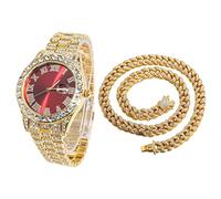Halukakah Diamant Golduhr, Herren 18K Echt Vergoldet 42MM Breite Rot Wählen Quarz Armband 24cm mit Kubanischer Link Kette 45cm Halskette Set, mit Geschenkbox