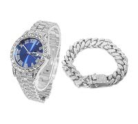 Halukakah Diamant Golduhr, Herren Platin Weiß Vergoldet 42MM Breite Blau Wählen Quarz Armband 24cm mit Kubanischer Link Kette 20cm Armband Set, mit Geschenkbox