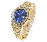 Halukakah Diamant Golduhr Iced Out, Männer 18k Echtgold Plattiert Quarz Armband 24cm Blaues Zifferblatt, Kommt mit Geschenkbox
