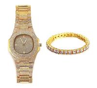 Halukakah Diamant Golduhr Iced Out, Männer 18k Echtgold Plattiert Quarz Armband 24cm Ovales Zifferblatt, mit Tennis-Ketten Armband 20cm, Kommt mit Geschenkbox