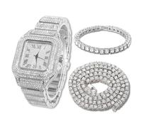 Halukakah Diamant Golduhr Iced Out, Männer Platin Weißgold Plattiert Quarz Armband 24cm Quadratisch Zifferblatt, mit Tennis-Ketten Armband 20cm + Halskette 45cm, Kommt mit Geschenkbox