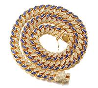 Halukakah Diamant Kubanische Kette für Männer,14MM Fuji Herren Goldkette Iced Out Miami 18 Karat Echt Vergoldet Halsband Halskette 40cm,Voll Diamanten Blau & Klar Zinken-Set,Geschenk für Ihn