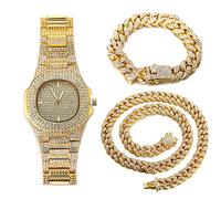 Halukakah Diamant Vergoldete Uhr,Herren 18 Karat Echt Vergoldet Quarzarmband 24cm,mit Kubanischer Kette 20cm Armband + 45cm Halskette,Volle Cz Labordiamants Zinken-Set,KOSTENLOSE Geschenkbox