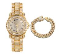 Halukakah Diamanten Gold Uhr Iced Out,Herren 18k Echtgold Plattiert 39MM Breites Rundes Zifferblatt Quarz 22,5cm,mit Cuban Gliederkette 20cm Armband Set,Kommt mit Geschenkbox