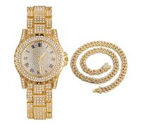 Halukakah Diamanten Gold Uhr Iced Out,Herren 18k Echtgold Plattiert 39MM Breites Rundes Zifferblatt Quarz 22,5cm,mit Cuban Gliederkette 45cm Halskette Set,Kommt mit Geschenkbox