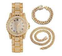 Halukakah Diamanten Gold Uhr Iced Out,Herren 18k Echtgold Plattiert 39MM Breites Rundes Zifferblatt Quarz 22,5cm,mit Cuban Gliederketten 20cm Armband + 45cm Halskette Set,Kommt mit Geschenkbox