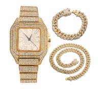 Halukakah Diamanten Gold Uhr Iced Out,Herren 18k Echtgold Plattiert Zifferblatt mit Arabischen Zahlen Quarz 22cm,mit Cuban Gliederketten 20cm Armband + 45cm Halskette Set,Kommt mit Geschenkbox