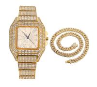 Halukakah Diamanten Gold Uhr Iced Out,Herren 18k Echtgold Plattiert Zifferblatt mit Arabischen Zahlen Quarz 22cm,mit Cuban Gliederkette 45cm Halskette Set,Kommt mit Geschenkbox