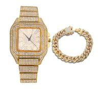 Halukakah Diamanten Gold Uhr Iced Out,Herren 18k Echtgold Plattiert Zifferblatt mit Arabischen Zahlen Quarz 22cm,mit Cuban Gliederkette 20cm Armband Set,Kommt mit Geschenkbox
